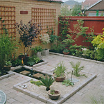 Town house patio with water feature